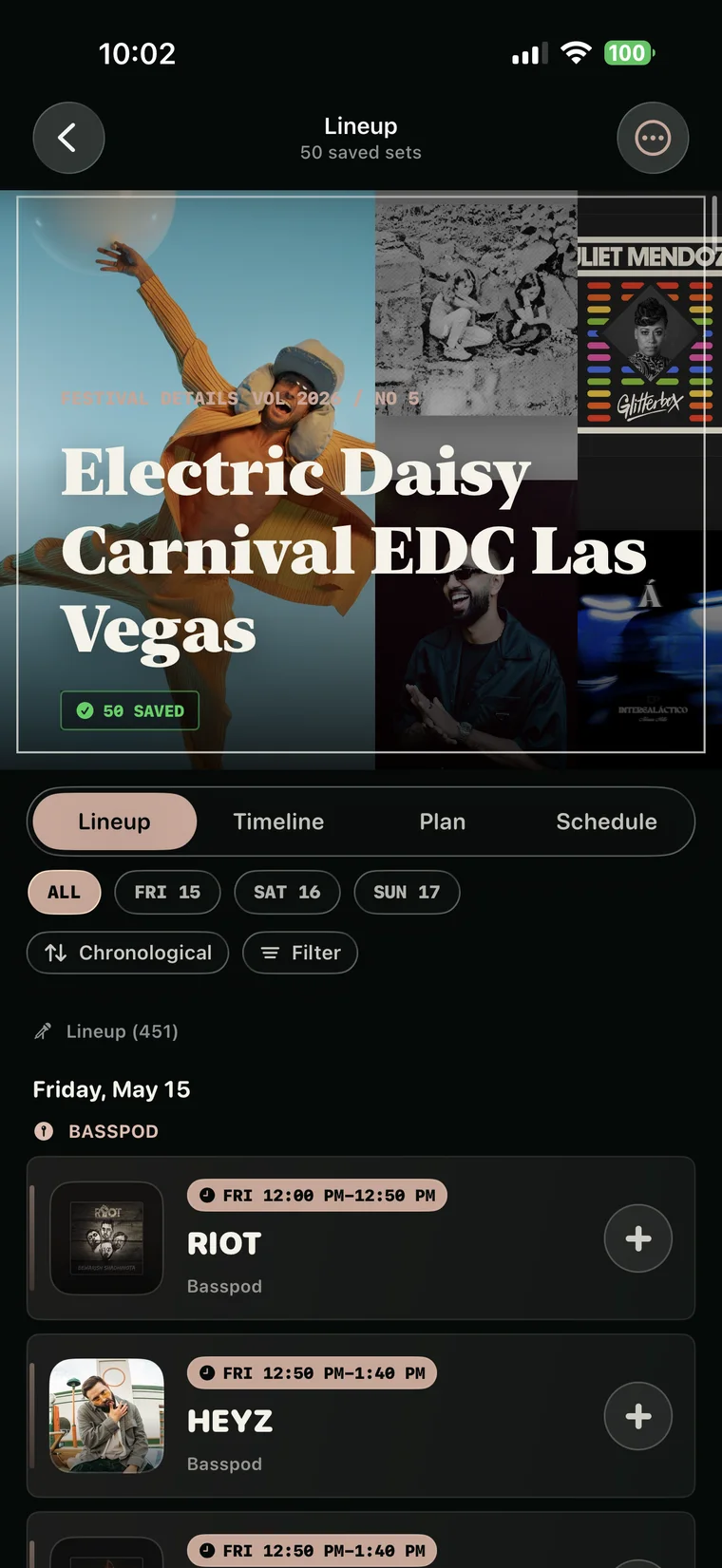 Festival lineup view for Electric Daisy Carnival EDC Las Vegas.