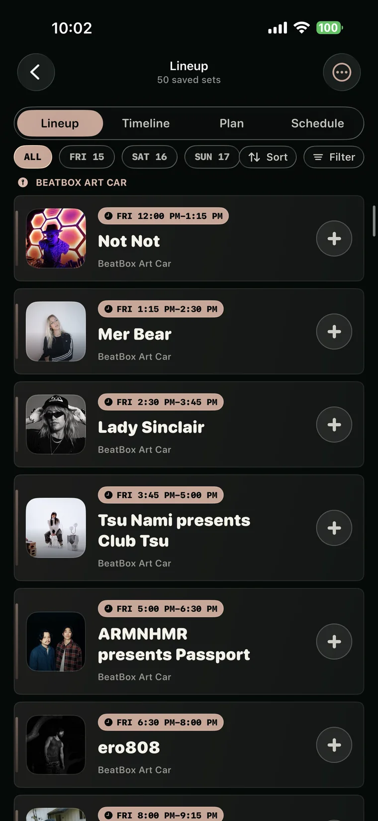 Festival lineup list with set times, stages, and save buttons.