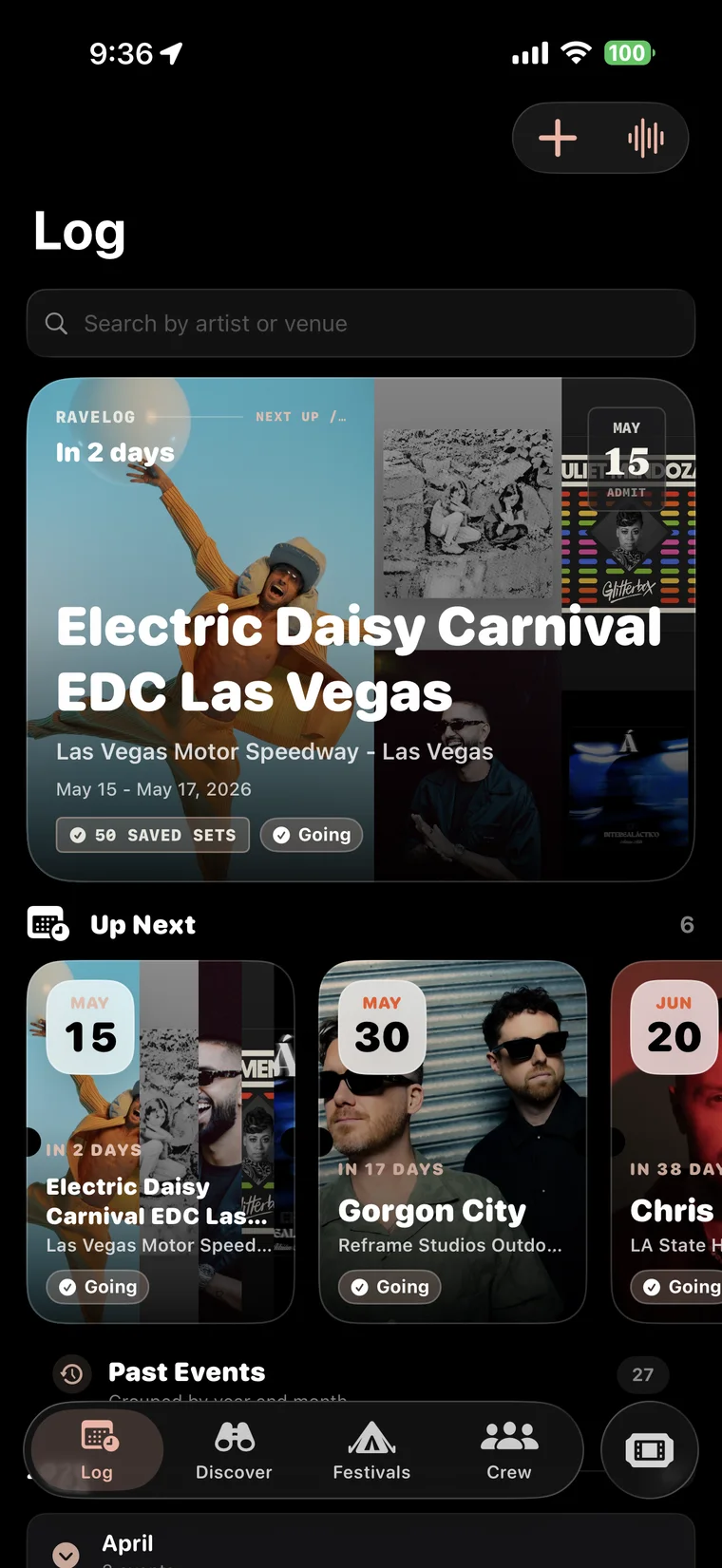 RaveLog Log tab showing EDC Las Vegas, upcoming events, and the bottom tab bar.