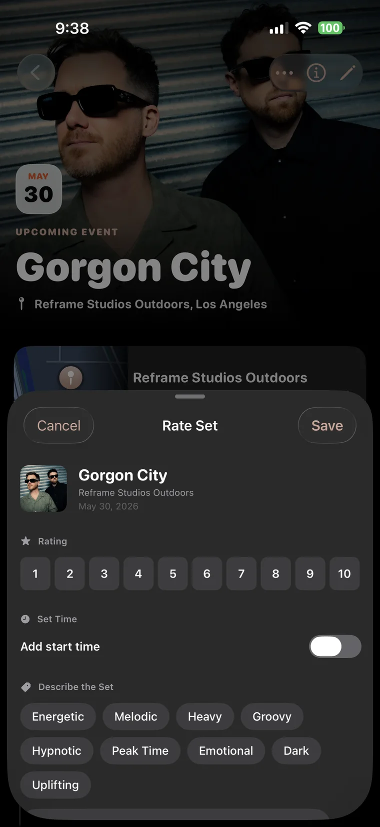 Rate Set sheet for Gorgon City with rating buttons and mood tags.